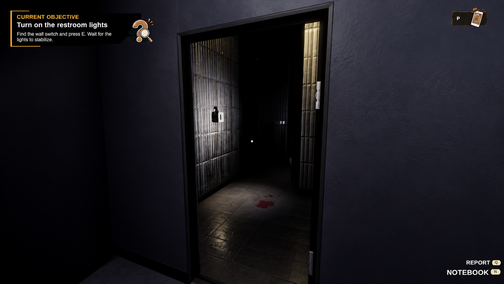 The dark entrance to the Bloody Restroom crime scene